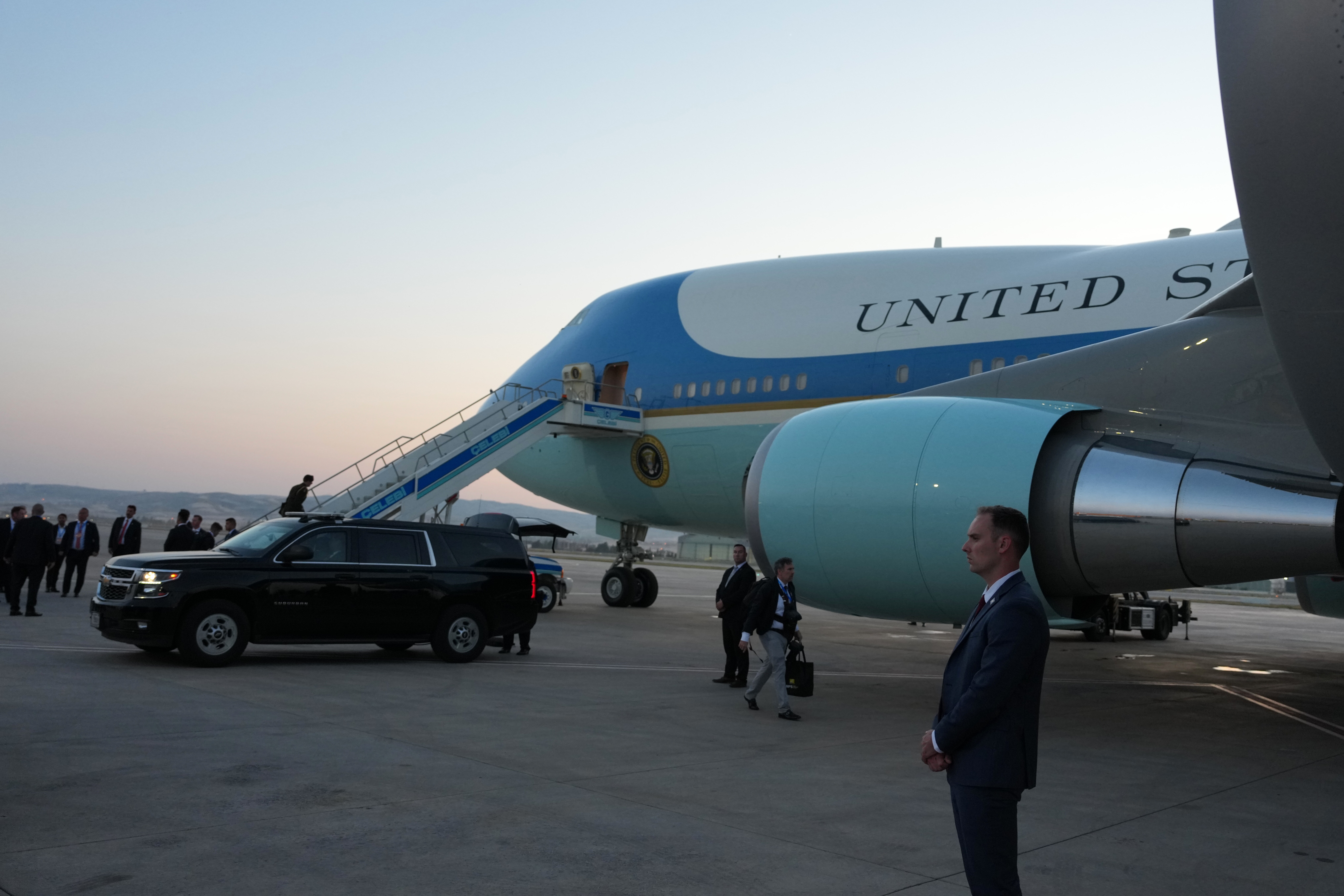 Airforce One sits on the tarmac before U.S. President Donald Trump departs following the NATO summit at Ankara International Airport in Ankara, Turkey, Wednesday, July 8, 2026.